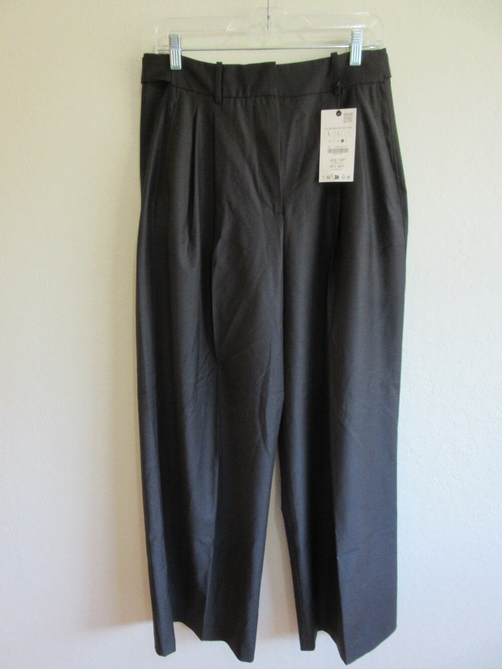 ZARA Black Wide Leg L Wool Blend Business Evening Front Pleat Trousers-NWT-CA